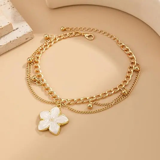Fashion Layered Flower Charm Anklet for Women Golden Cuban Link Chain Tassel Waterproof Ankle Bracelet Adjustable Beach Vacation Foot Jewelry Summer Accessories