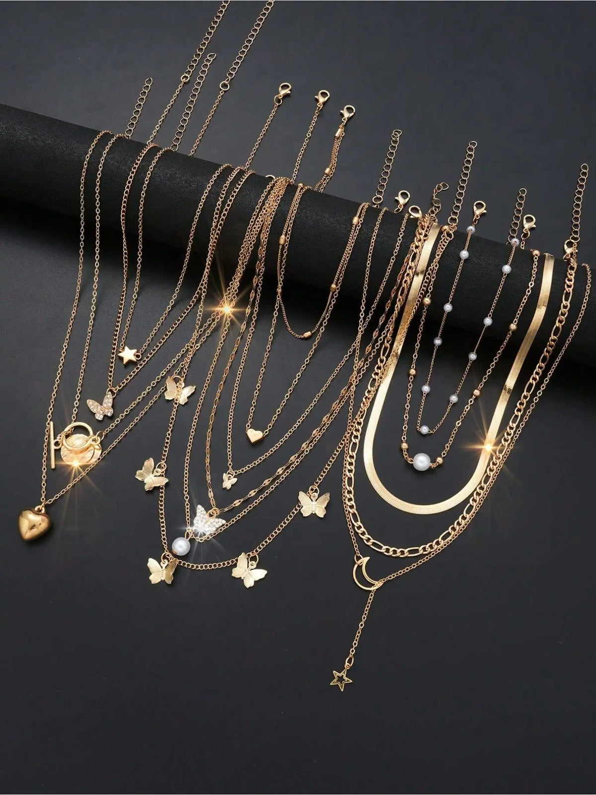 Mother's Day Gift 13pcs Minimalist Heart, Butterfly, Star, Moon & Disc Faux Pearl Assorted Necklaces Gift Set For Women, Gift For Date, Vacation And Daily Wear, Jewelry Accessories, Dainty Layering, Fashionable Jewelry Set
