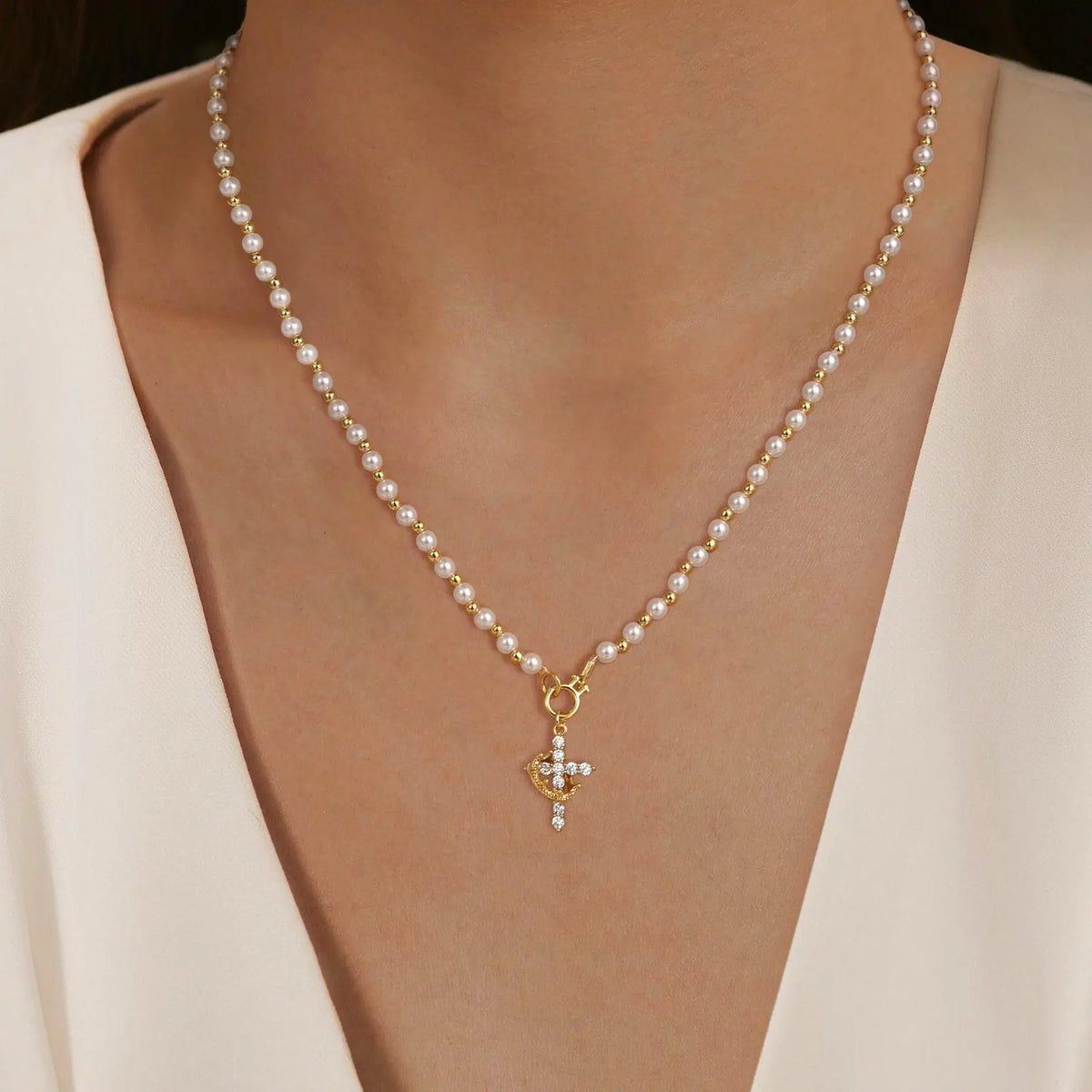Tewiky Gold Pearl Beaded Crown Cross Necklace for Women, 4mm Pearls 3mm Beads Dainty Layered Style Jewelry Gift For Easter Back To School