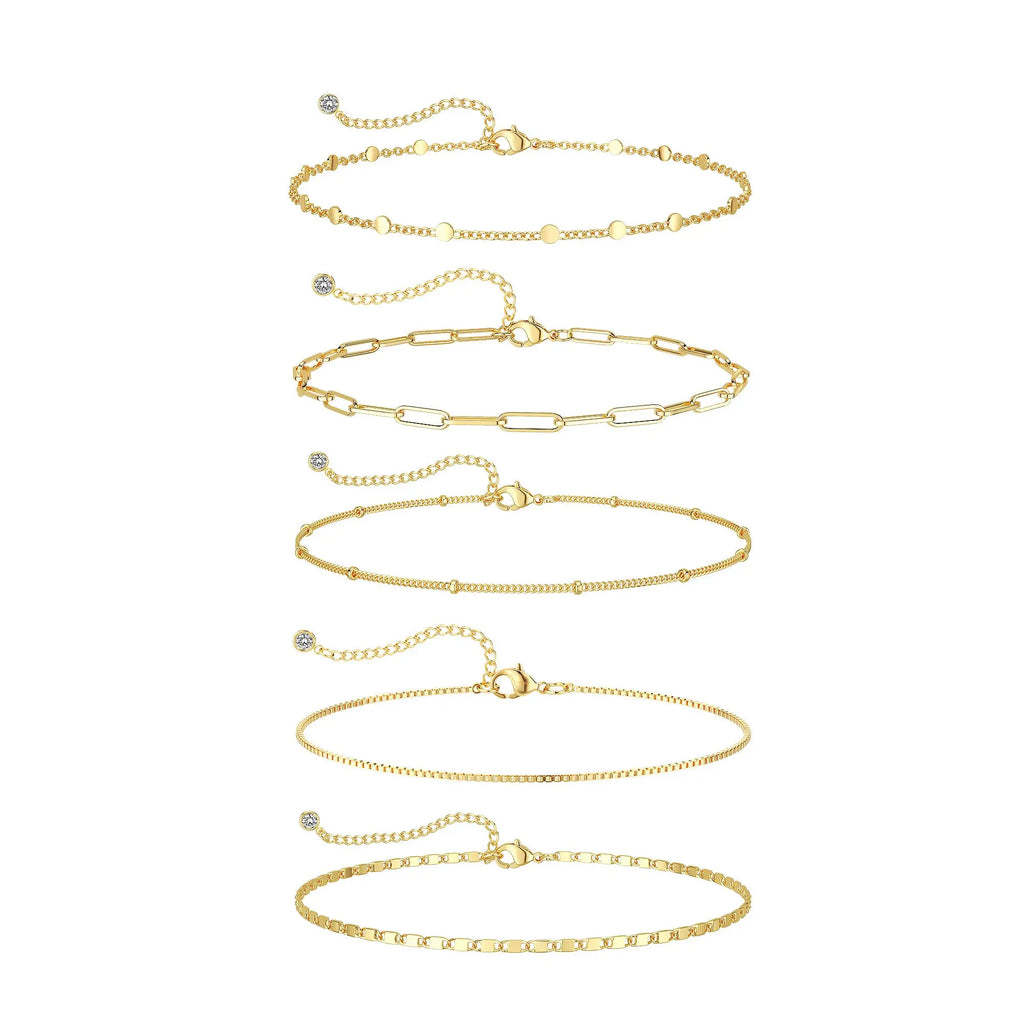 FOXGIRL Women's Waterproof All Day Adjustable Size Anklet Set (6PCS) - Herringbone Chain, Box Chain, Cuban Link, Paperclip Bead, Figaro Link Dainty Costume Jewelry for Summer Beach