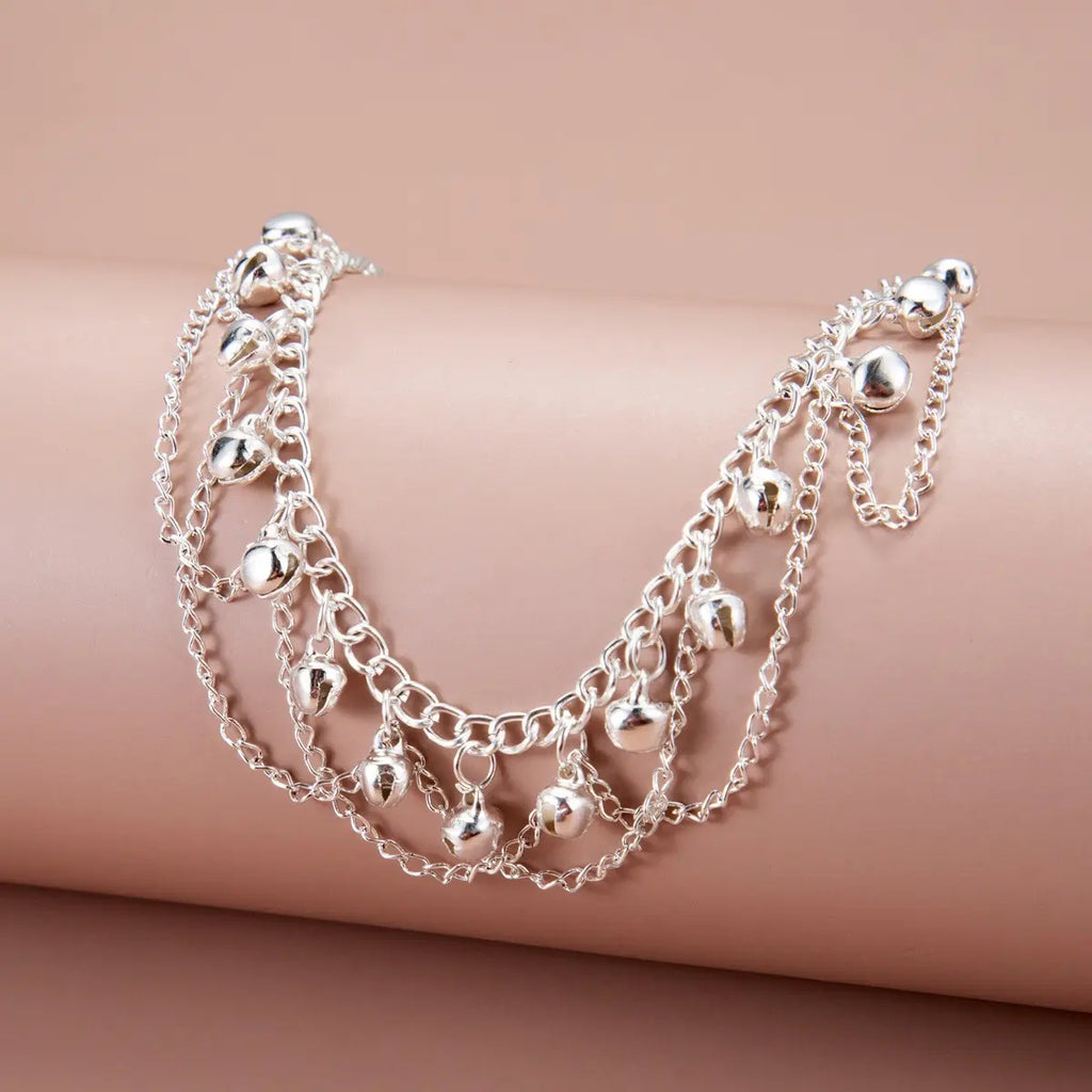 Women's Vintage Multi-layer Bell Pendant Anklet - Female Bohemian Jewellery, Tassels, Lightweight Artificial Gemstone Beach Foot Accessory, Sweet Boho Gift Idea