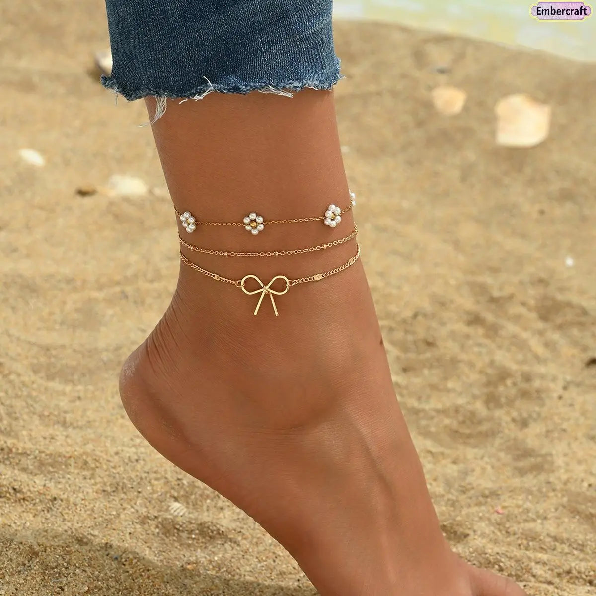 Women's Pearl Flower Layered Bow Charm Anklet Set - Trendy Fashionable Accessories, Aesthetic Anklets for Summer Beach Vacation & Daily Wear