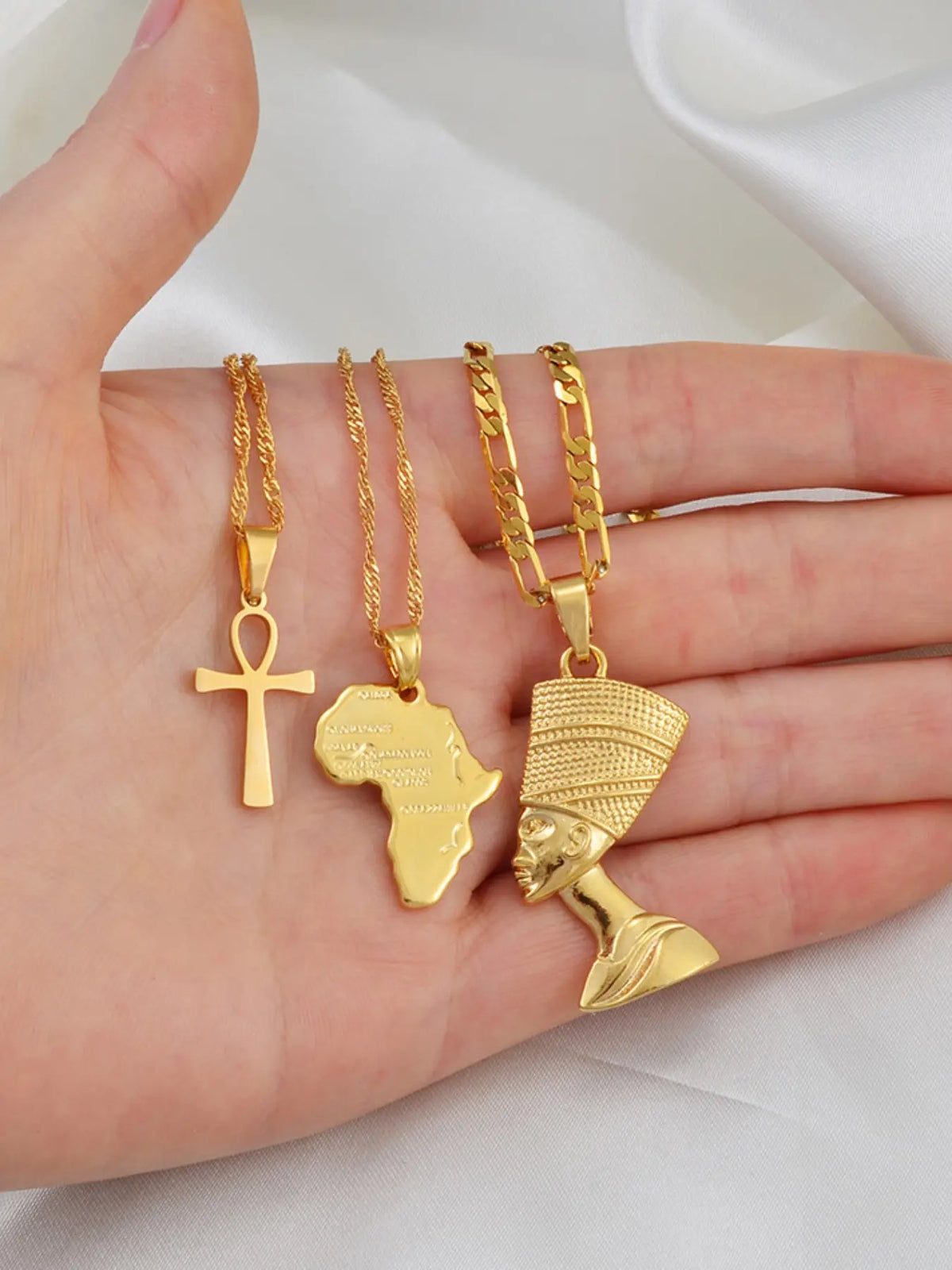3pcs Necklaces Together Ankh Nefertiti Africa Map Pendant Gold/Silver Color Birthday Party Ethnic Jewelry Women Assorted Necklaces