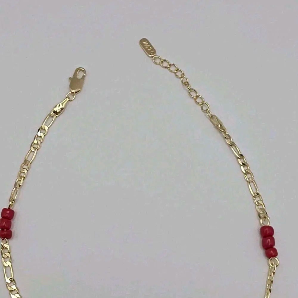 Ankle bracelet fashion style with red beads  protection figaro link 8 to 11 inches GOLD-PLATED Anklet