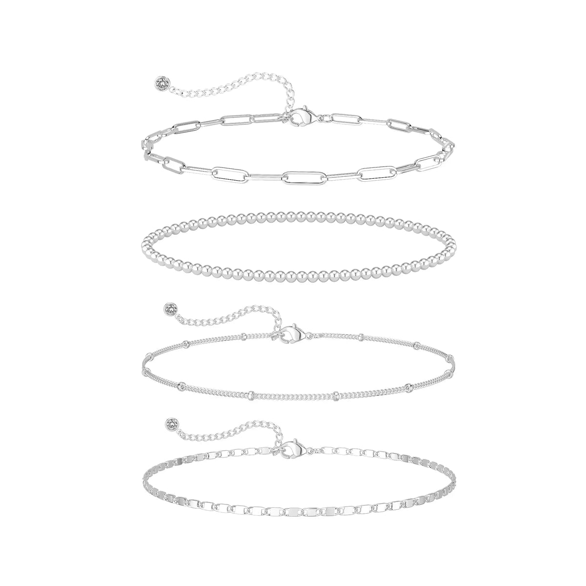 FOXGIRL Women's Waterproof All Day Adjustable Size Anklet Set (6PCS) - Herringbone Chain, Box Chain, Cuban Link, Paperclip Bead, Figaro Link Dainty Costume Jewelry for Summer Beach