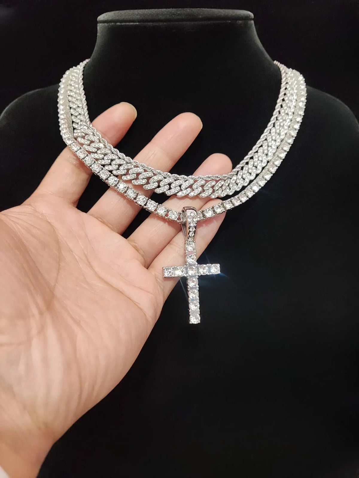 Summer Hip-Hop Style Rhinestone Decor Cuban Link Chain & Cross Charm Necklace Set for Men & Women, Punk Style Exquisite Trendy Iced Out Jewelry, Rhinestone Decorated Necklace, Ideal Gift