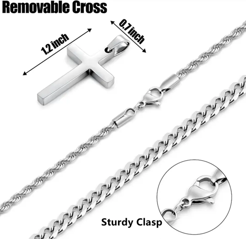 2pcs/set Cross Necklace for Men -Double Layered Cross Pendant Necklaces Waterproof Stainless Steel Cuban Link Rope Chain  Necklace Stack Jewelry 21.65&23.62 Inches