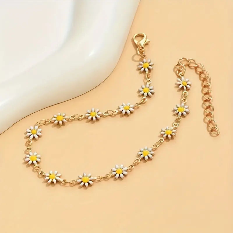 Teen Girls' 1pc Chrysanthemum Daisy Chain Metal Anklet - Trendy Fashionable Jewelry Accessories, Flowers Design, Adds Polished Shine, Summer Daily Costume Jewelry Gift