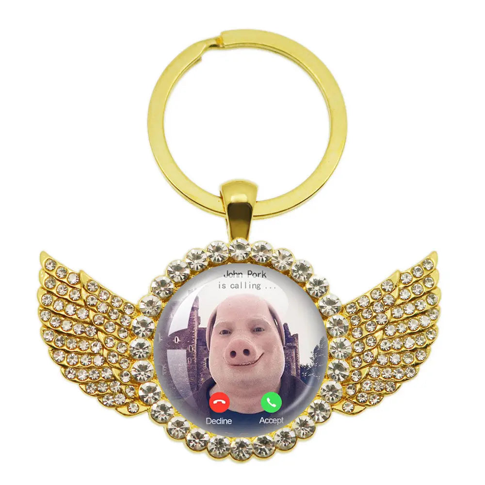 Whimsical John Pork Calling Phone Graphic Pig Necklace - Costume Jewelry for Women, Quirky Gift Accessories for Women, Moon Design POP Style Necklaces