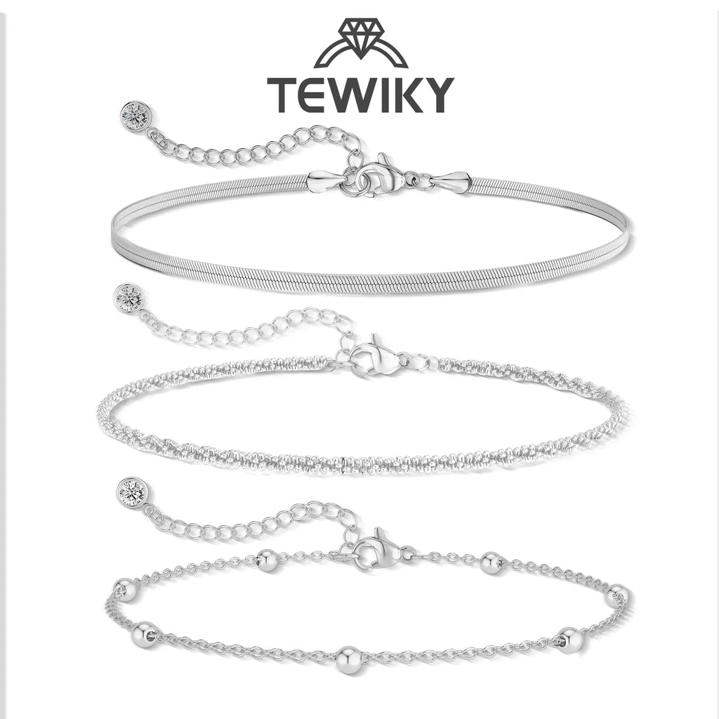 Tewiky Women's Silver Ankle Bracelet Set - Dainty Layered Waterproof Herringbone & Beaded Rope Chains, Adjustable Stackable Summer Beach Accessories, Perfect Beach Gift, Gifts for Women
