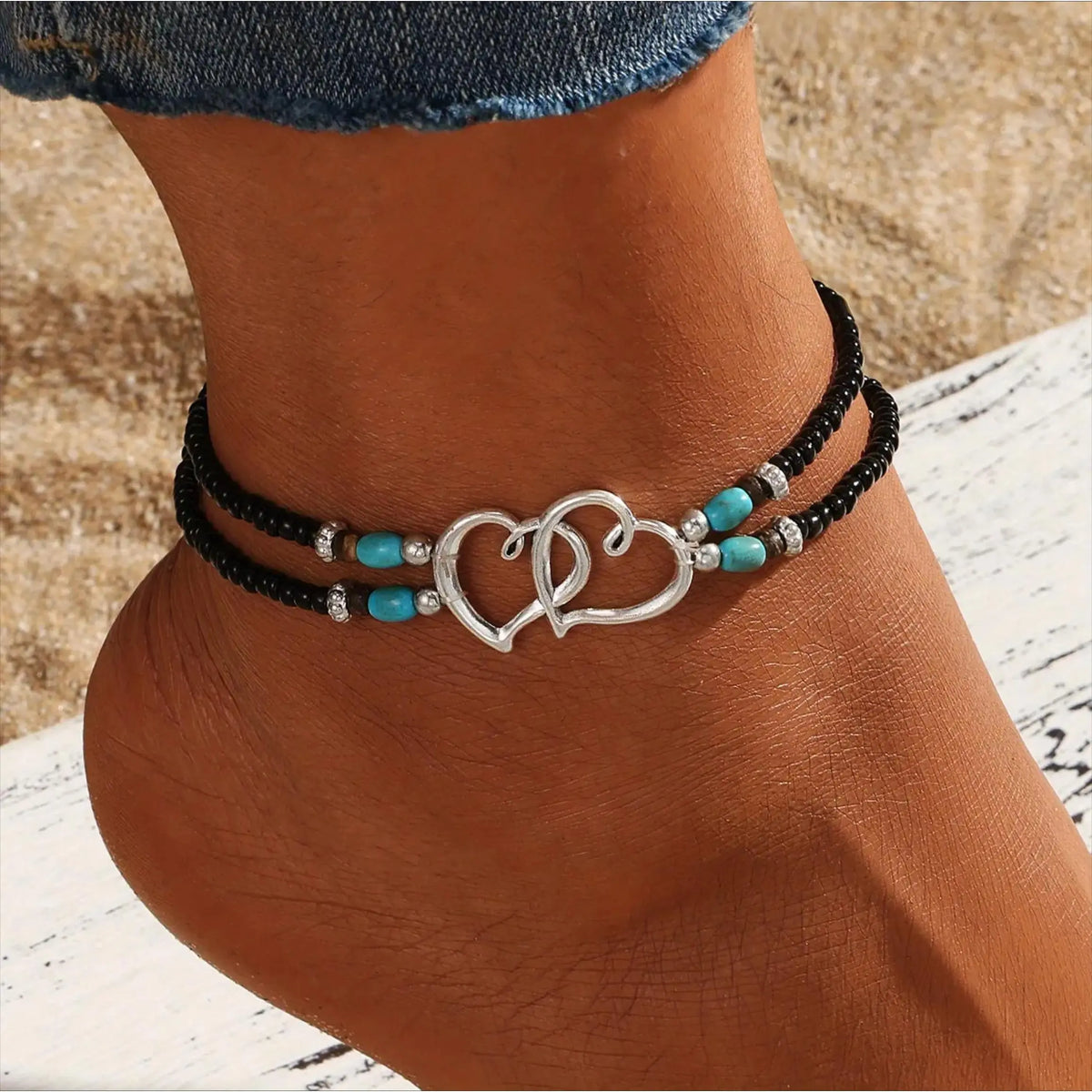 Female 3-Piece Boho Charm Anklets - Multi-Layered Beaded Heart Alloy Jewelry, Leisure & Outdoor Accessory for Summer Beach Vacation