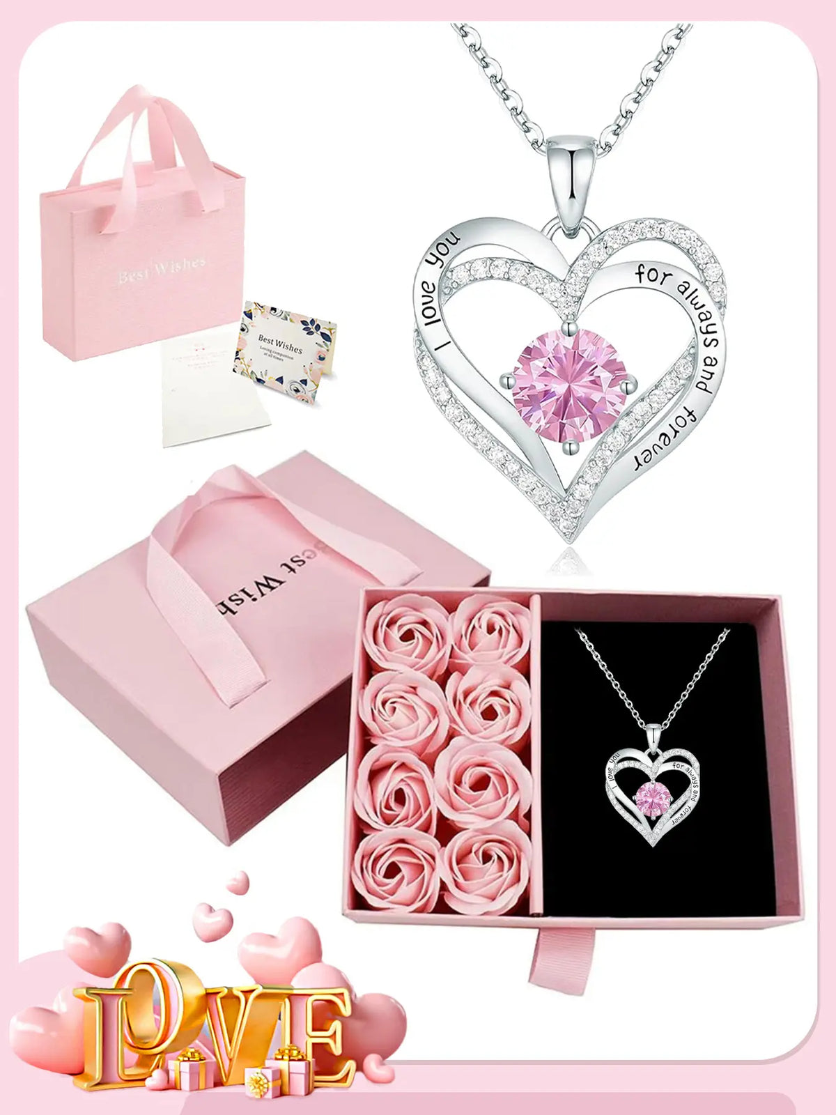 Mother's Day Gift Rose Flower Gift Box Set with Birthstone Heart Necklace, Love Heart Necklace, Perfect for Mom Daughter Girlfriend Wife Birthday Christmas Valentine's Day Exquisite Chain Jewelry, Stainless Steel Necklaces, Modern Versatile Accessories
