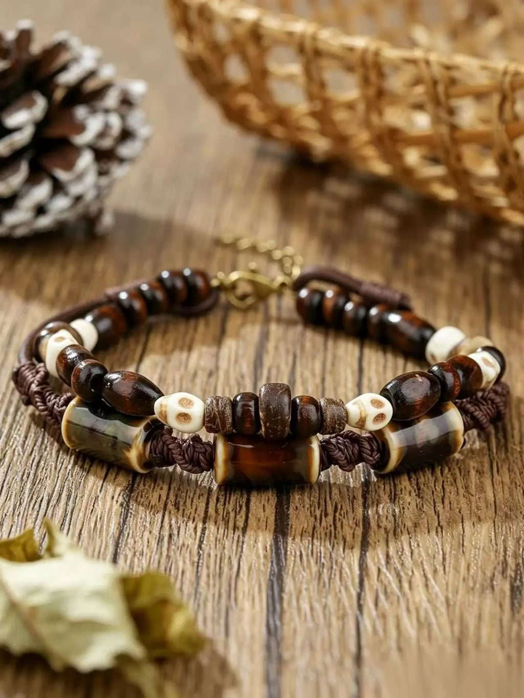 Vintage Double Layer Leather Skull Beaded Ankle Bracelet Anklets, Bohemian Style Boho Adjustable Men's Footwear Accessory Foot Jewelry, Elegant Gift Box Packaging
