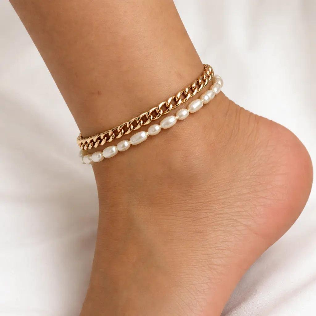 Loyalove 14K Gold Plated Ankle for Women Waterproof Dainty Cuban Link Chain Herringbone Cute Anklets Set Pack Summer Beach Jewelry Gift for Women Gift For Mother's Day