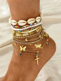 15-Piece Women's Ankle Chain Set, Layered Anklet, Boho Anklet, Bohemian Multi-Layer Heart Cross Shell Butterfly Eye Star Bead Rhinestone Snake Skin Anklets, Wearable Jewelry