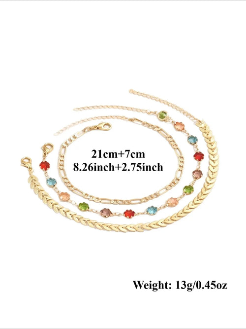 3-Piece Fashion Wheat Ears Colorful Rhinestone Chain Layered Anklet Set for Women, Simple and Stylish Party Wedding Vacation Anklets, Dainty Layered Anklet, Foot Jewelry, Accessories, Fashionable Accessory, Trendy Fashionable Accessories