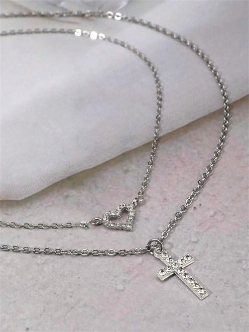 2pcs Luxury Rhinestone Cross Chain Design & Heart Pendants, Faith Necklace, Multi-Layer Necklace Set, Elegant Exquisite Jewelry Gift for Women, Perfect for Valentine's & Mother's Day