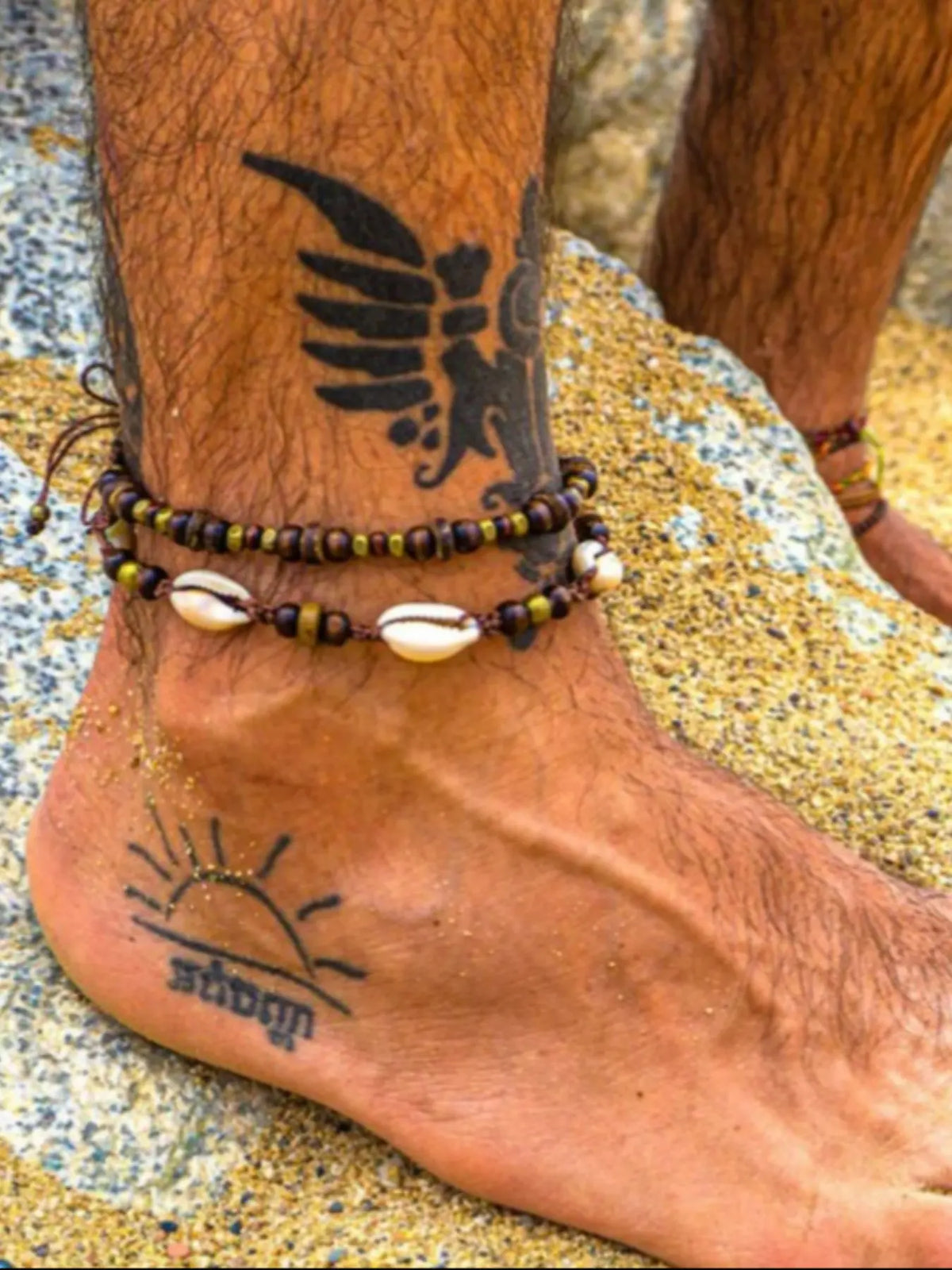 Boho Ethnic Shell Wood Bead Coconut Shell Anklet, Adjustable Woven Beach Vacation Bracelet, Men's Fashion Foot Jewelry, Fashionable Accessory