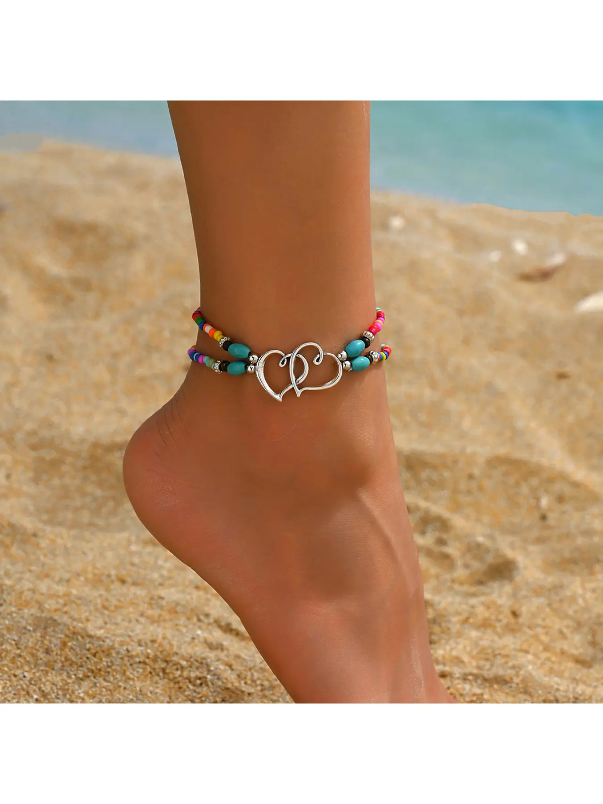Boho Style Turquoise Seed Bead Heart Anklet Multi-Layer Coconut Shell Foot Chain Valentine's Day Heart-Shaped Anklet Jewelry
