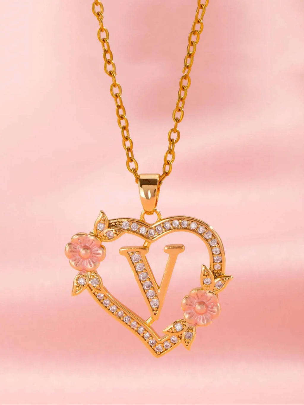 Initials Heart Shaped Pendant Necklace, Alphabet Detail Pendant, Exquisite Jewelry Gift, Rhinestone Decorated Alphabet Necklace, Artificial Zircon Decor Jewelry for Party, Daily Clothing Decor, Heart Design Jewelry, Zirconia Alphabet Pendant