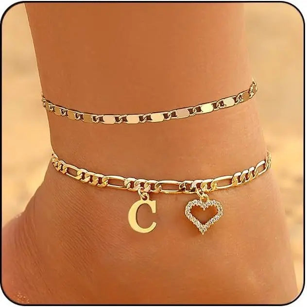 Women's Initial Heart Charm Anklet - Adjustable Gold-Plated Waterproof Anklets for Women with Gold Accents, Ideal for Summer Beach Wear or Romantic Gifting, Gold Accents Anklets