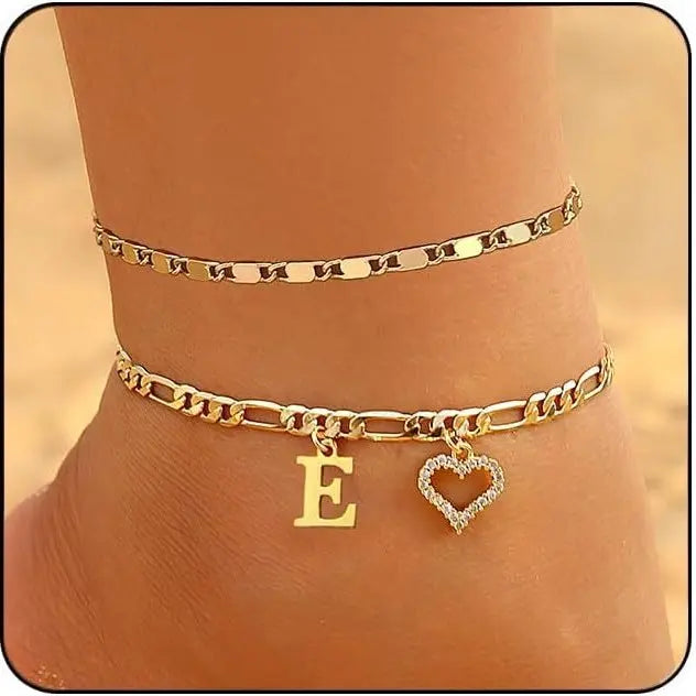 Women's Initial Heart Charm Anklet - Adjustable Gold-Plated Waterproof Anklets for Women with Gold Accents, Ideal for Summer Beach Wear or Romantic Gifting, Gold Accents Anklets