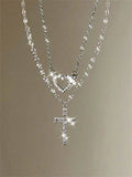 2pcs Luxury Rhinestone Cross Chain Design & Heart Pendants, Faith Necklace, Multi-Layer Necklace Set, Elegant Exquisite Jewelry Gift for Women, Perfect for Valentine's & Mother's Day