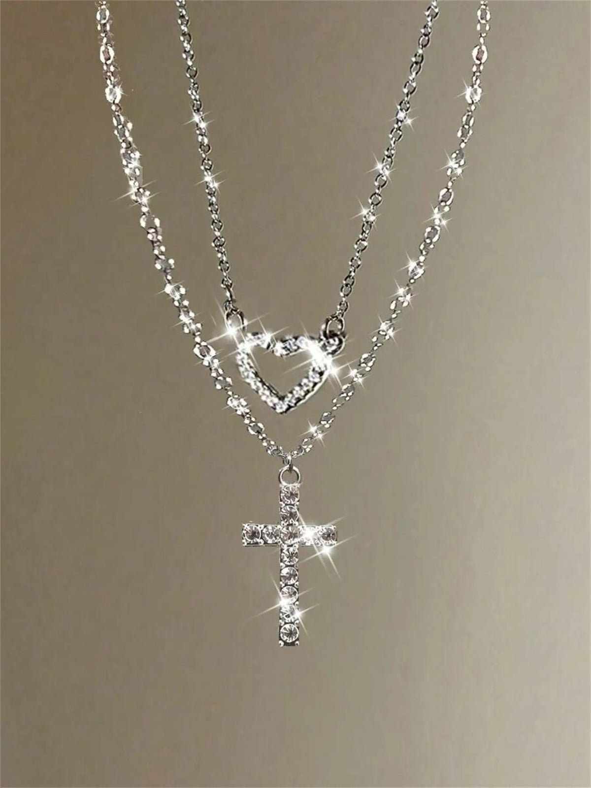 2pcs Luxury Rhinestone Cross Chain Design & Heart Pendants, Faith Necklace, Multi-Layer Necklace Set, Elegant Exquisite Jewelry Gift for Women, Perfect for Valentine's & Mother's Day