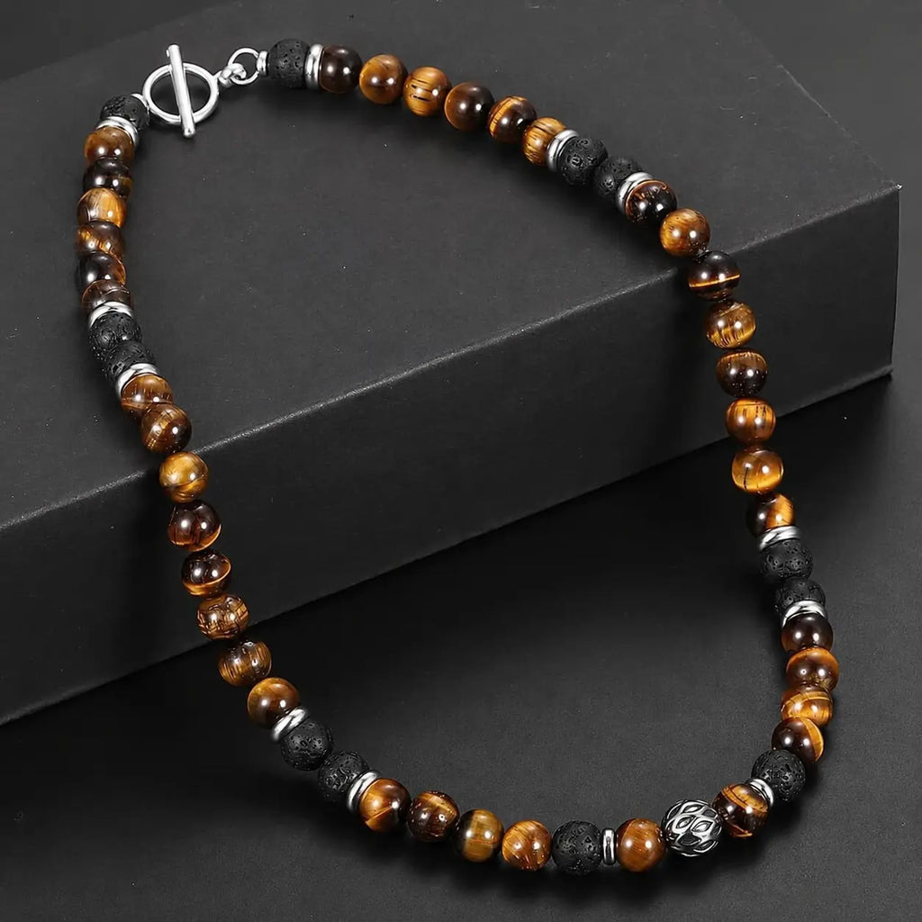 Men's 8mm Natural Tiger Eye & Lava Bead Beaded Chain Necklace - Stainless Steel Toggle Clasp, 18/20/24in, Black Onyx Accessory, Handmade, Natural Stone Pendant, Men's Jewelry, Mens Gifts, Christening/Wedding Bold Accent,sohochic