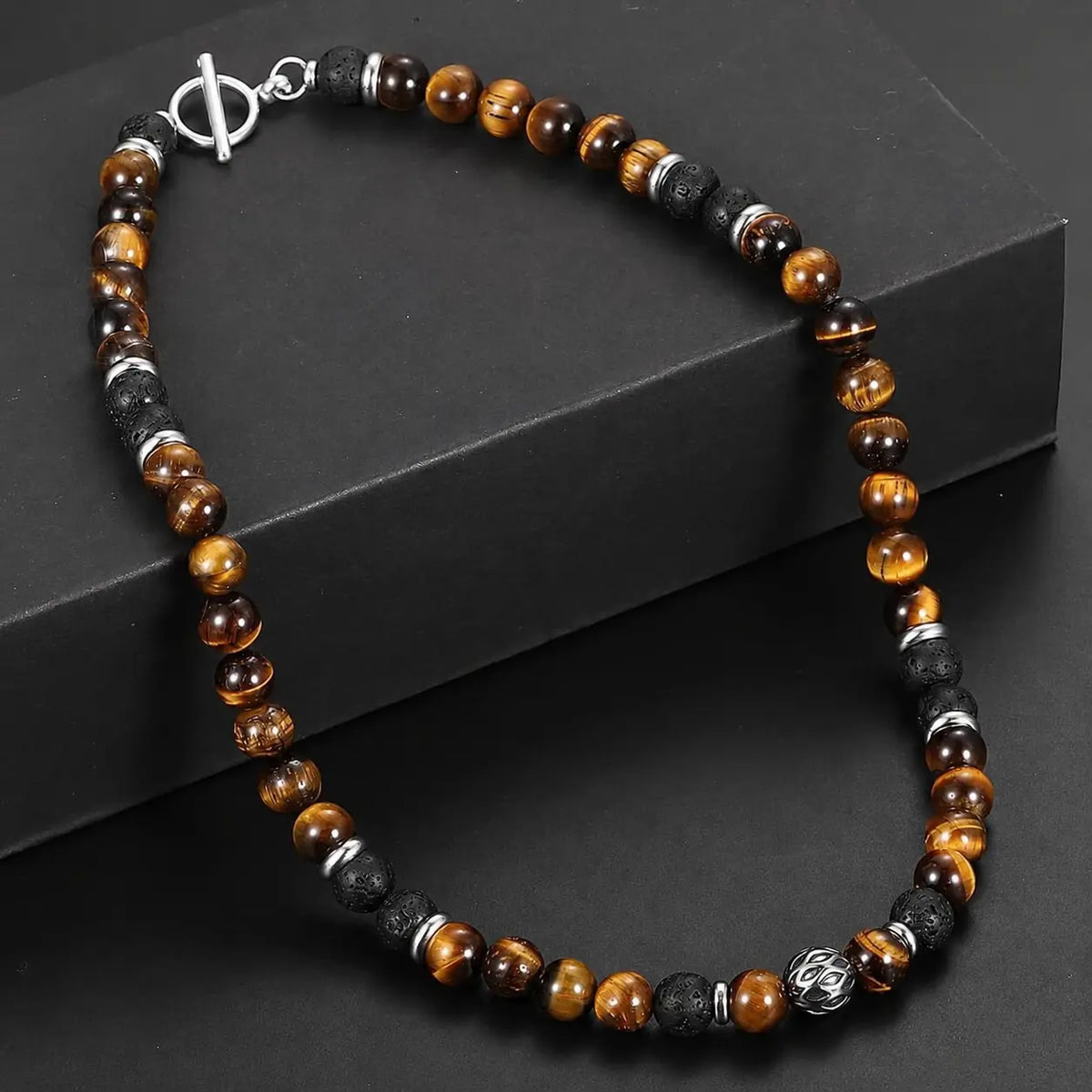 Men's 8mm Natural Tiger Eye & Lava Bead Beaded Chain Necklace - Stainless Steel Toggle Clasp, 18/20/24in, Black Onyx Accessory, Handmade, Natural Stone Pendant, Men's Jewelry, Mens Gifts, Christening/Wedding Bold Accent,sohochic