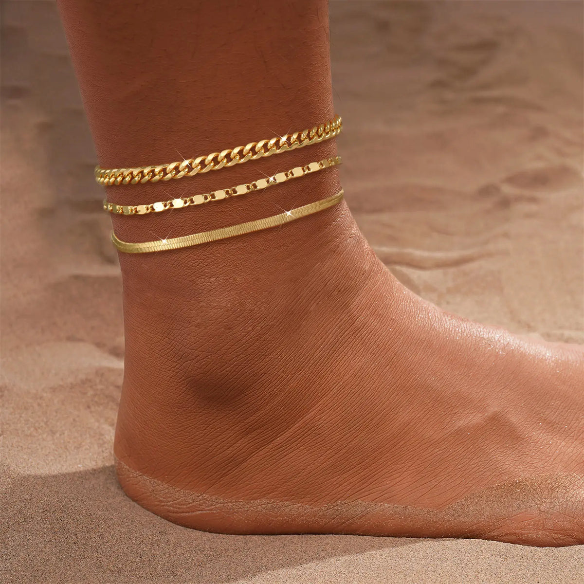 Pancert Women's 3-Layer Metal Coating Anklets - Cuba, Figaro, Golden Pearl Designs, 21cm+4cm Extender, Tarnish Proof Jewelry, Anklets for Women