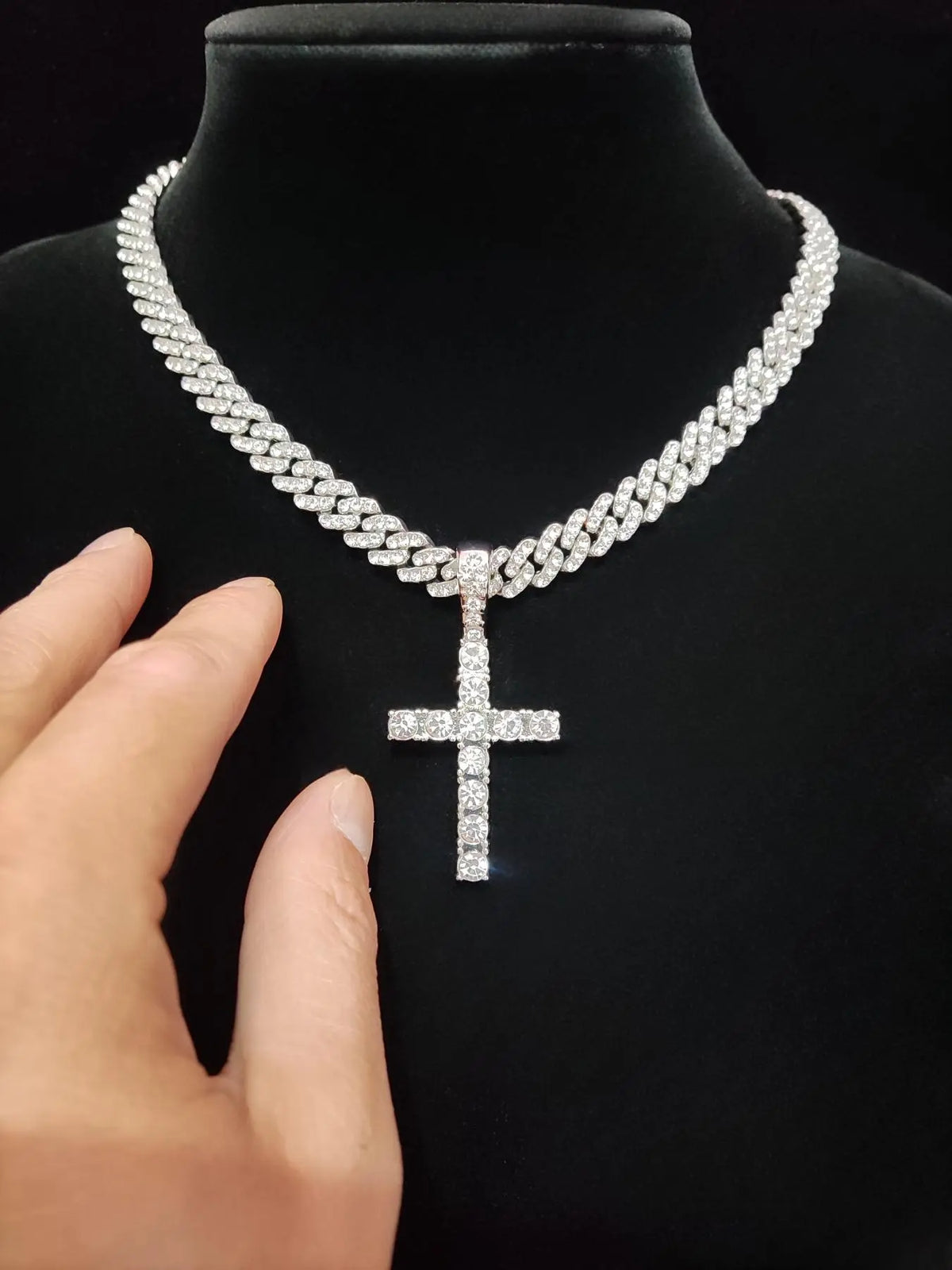 Summer Hip-Hop Style Rhinestone Decor Cuban Link Chain & Cross Charm Necklace Set for Men & Women, Punk Style Exquisite Trendy Iced Out Jewelry, Rhinestone Decorated Necklace, Ideal Gift
