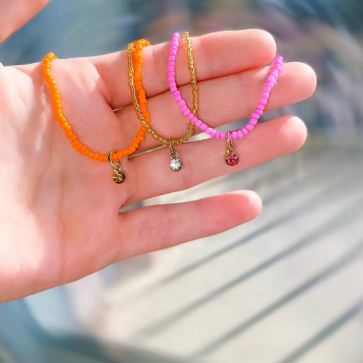 Indigo Z Creations Beaded Anklet Bracelet with Charm - Made with Elastic Band, Not Real Gems, Colorful Beads in Various Shapes