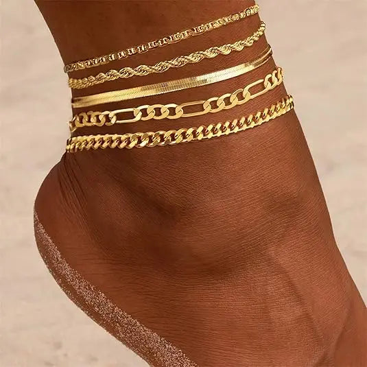 Loyalove 14K Gold Plated Ankle for Women Waterproof Dainty Cuban Link Chain Herringbone Cute Anklets Set Pack Summer Beach Jewelry Gift for Women Gift For Mother's Day