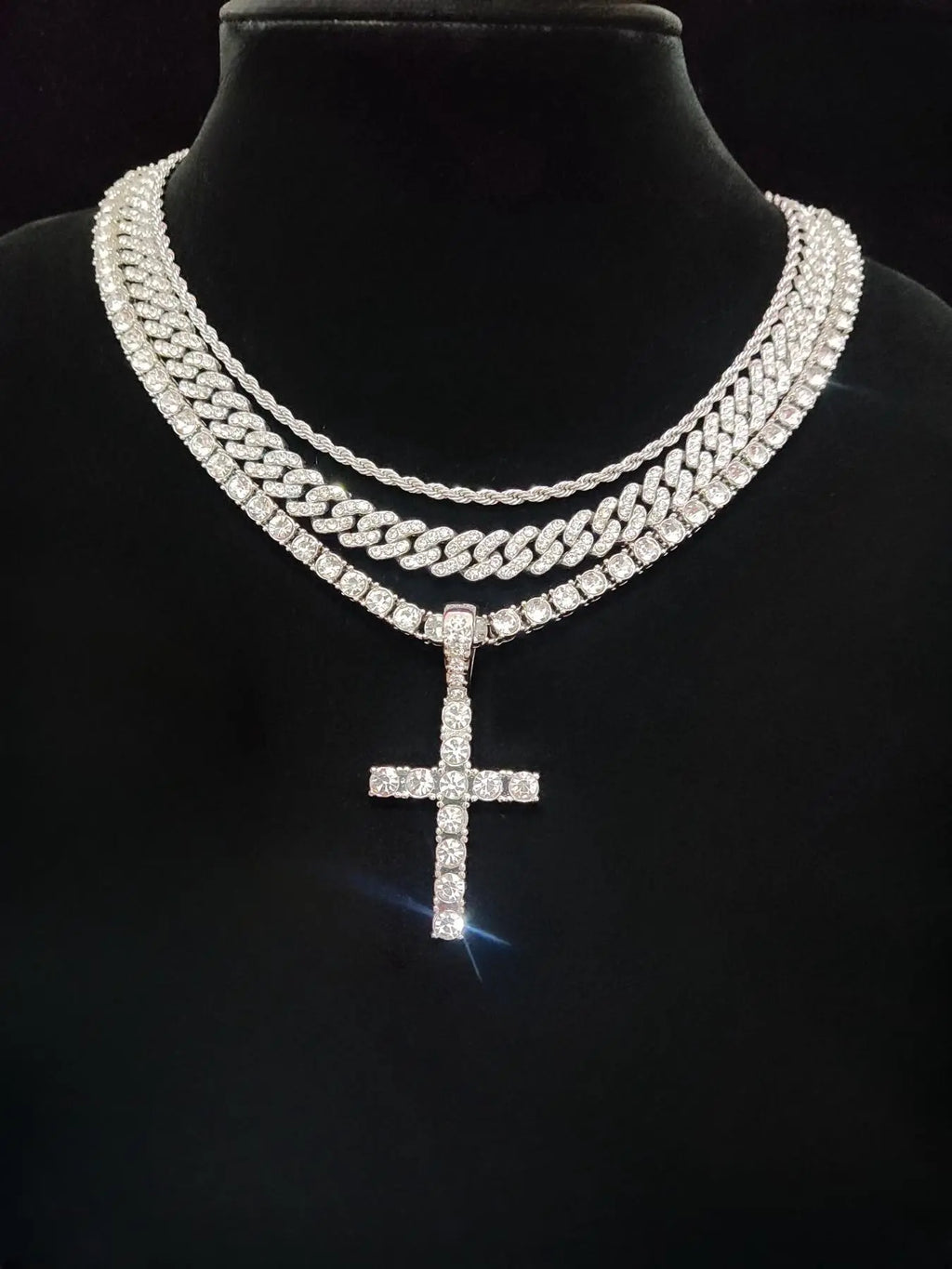 Summer Hip-Hop Style Rhinestone Decor Cuban Link Chain & Cross Charm Necklace Set for Men & Women, Punk Style Exquisite Trendy Iced Out Jewelry, Rhinestone Decorated Necklace, Ideal Gift