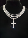 Summer Hip-Hop Style Rhinestone Decor Cuban Link Chain & Cross Charm Necklace Set for Men & Women, Punk Style Exquisite Trendy Iced Out Jewelry, Rhinestone Decorated Necklace, Ideal Gift