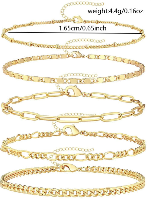 5pcs/Set Gold Multilayer Bohemian Style Snake Chain & Lotus Chain Anklet Bracelet Set, Adjustable Bohemian Aesthetic Summer Beach Trendy Jewelry, Boho Anklet Foot Jewelry