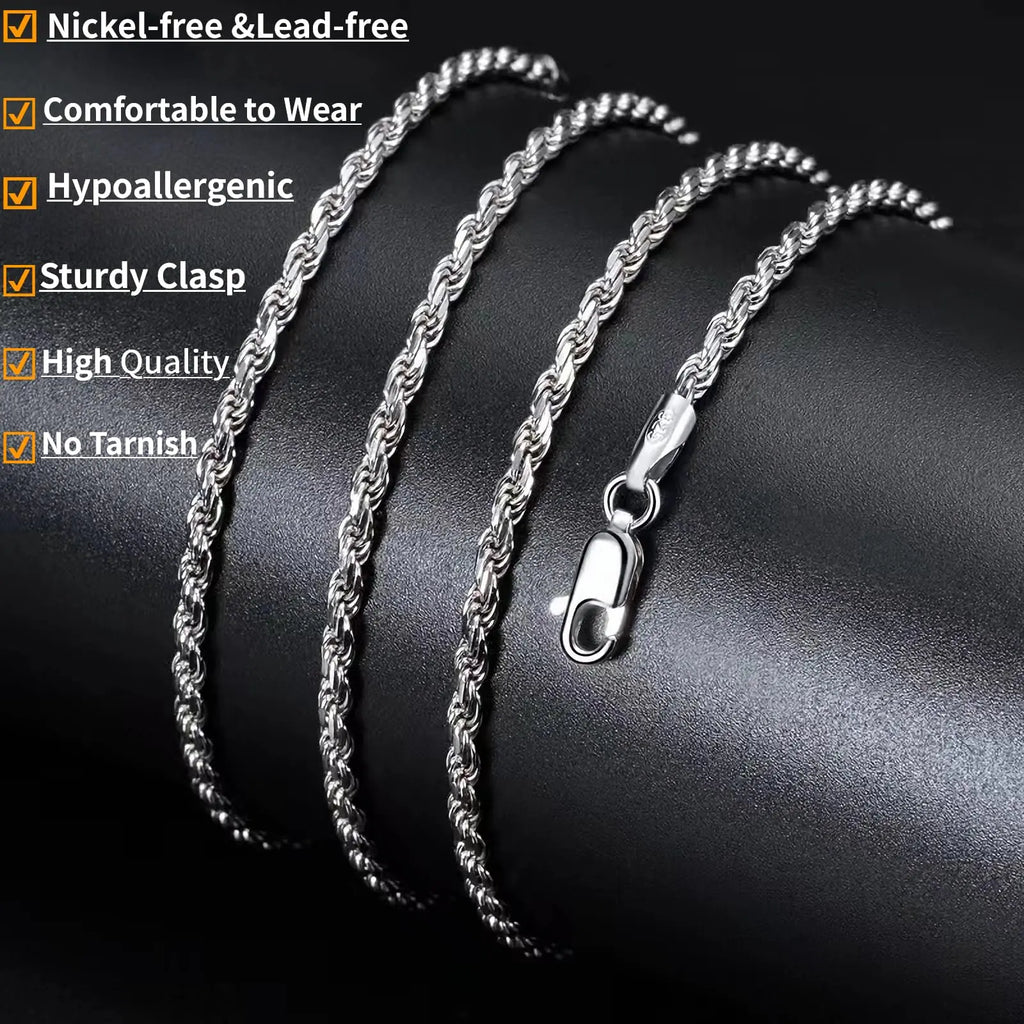 3mm Rope Chain Necklace for Men and Women (unisex), Stainless Steel Silver Chain, 18, 20, 22, 24 inches men accessories