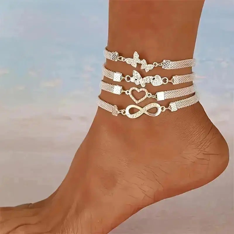 4Pcs Shiny Stackable Anklet Set for Women, Elegant Butterfly & Heart Design with Synthetic Zirconia, Fashion Chain Foot Jewelry, Versatile Daily Wear Accessory & Perfect Gift