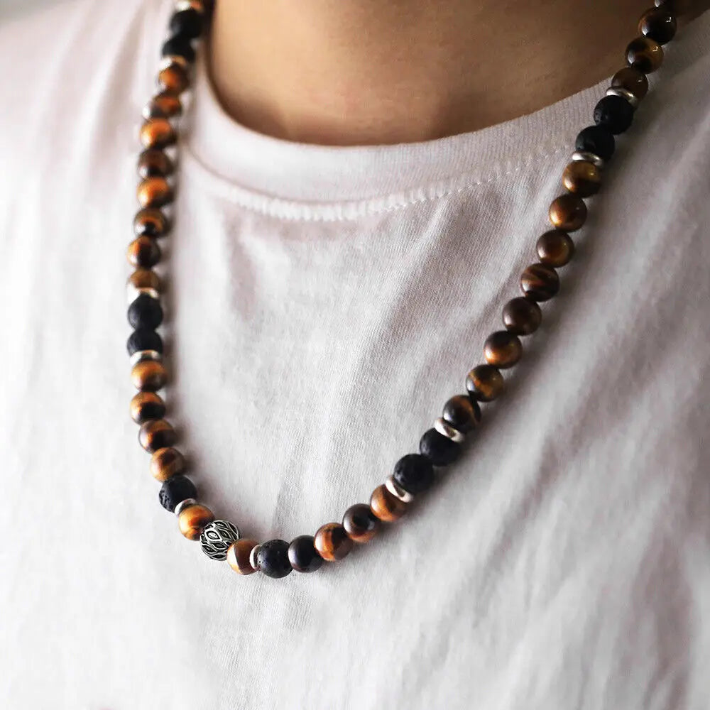 Men's 8mm Natural Tiger Eye & Lava Bead Beaded Chain Necklace - Stainless Steel Toggle Clasp, 18/20/24in, Black Onyx Accessory, Handmade, Natural Stone Pendant, Men's Jewelry, Mens Gifts, Christening/Wedding Bold Accent,sohochic