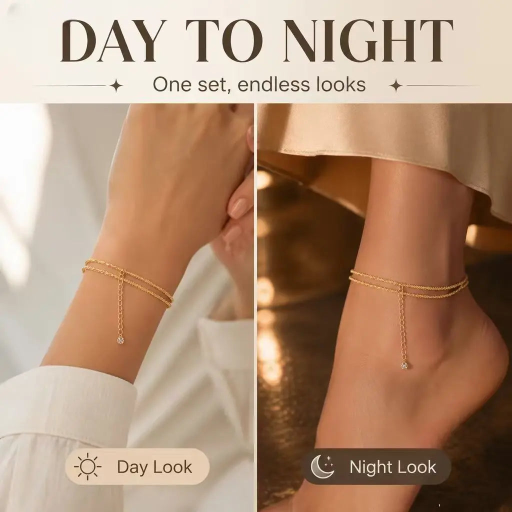 Women’s double-layer shiny gold anklet—an exquisite, waterproof, adjustable piece for simple everyday wear; a jewelry gift.