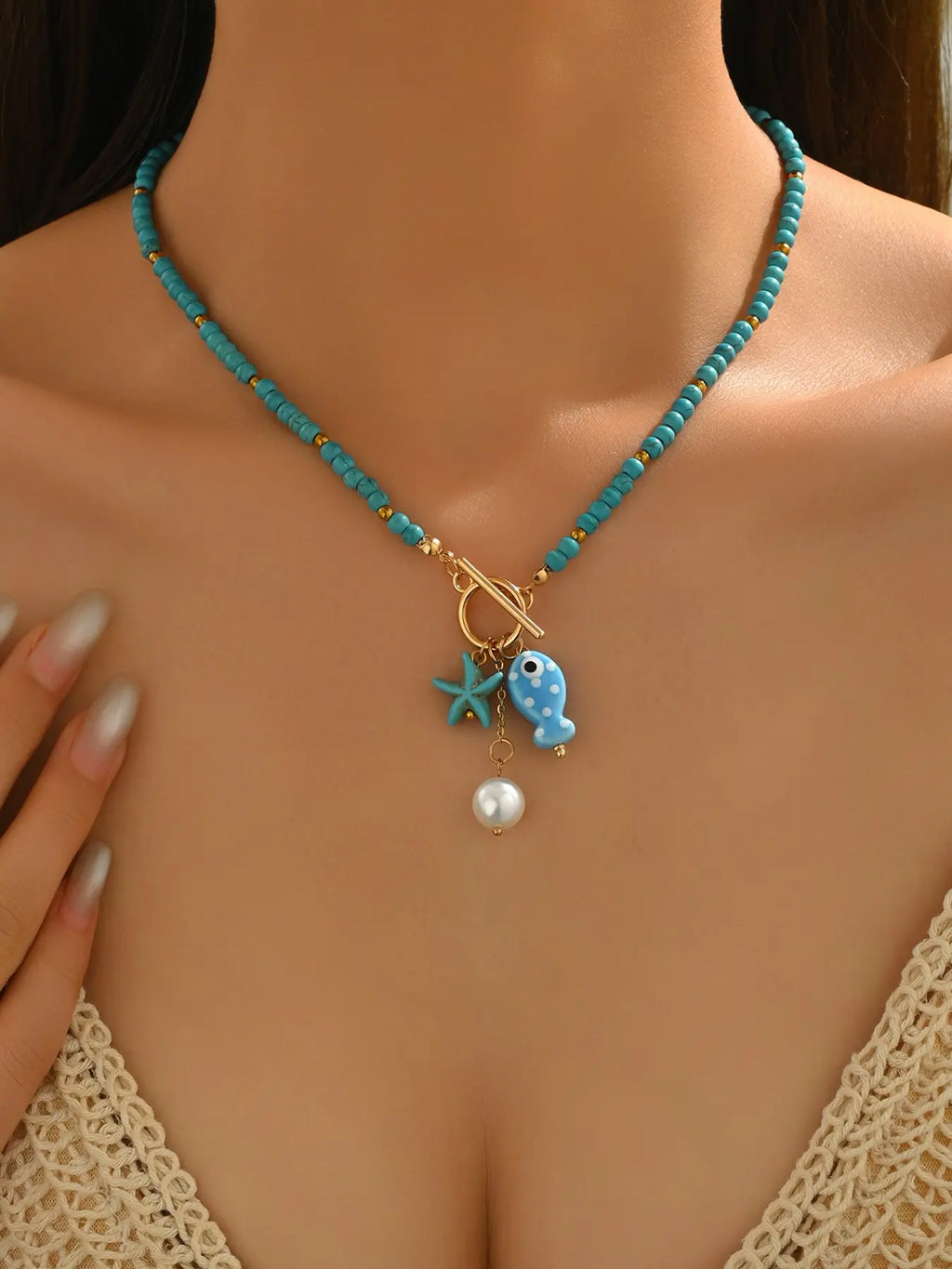 Summer Ceramic Fish & Starfish Pendants Beaded Necklace, with Toggle Clasp Design, Fashion Faux Pearl Decor Necklace, Cute Summer Jewelry, Jewelry Gifts, Perfect Gift for Women