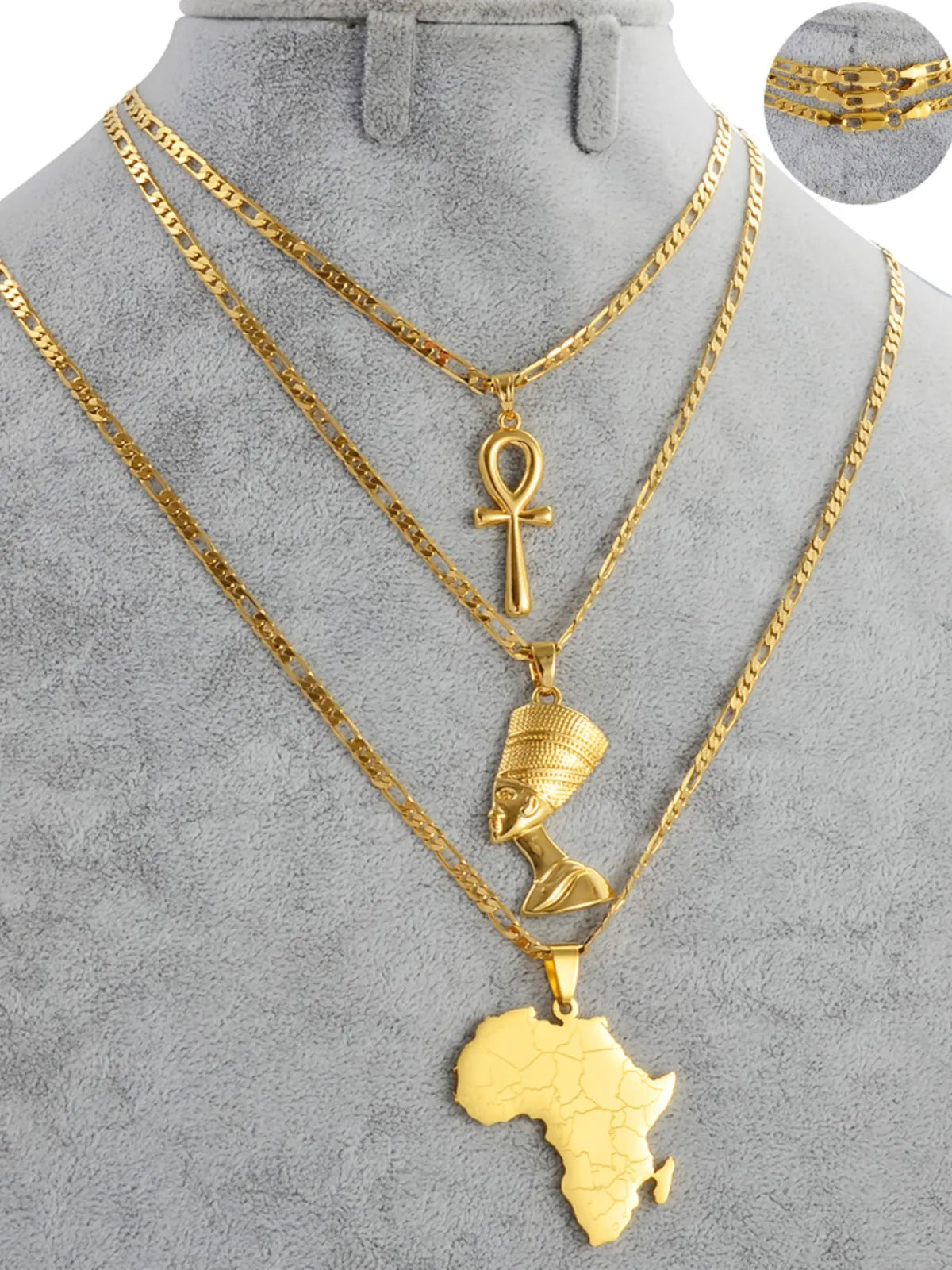 3pcs Necklaces Together Ankh Nefertiti Africa Map Pendant Gold/Silver Color Birthday Party Ethnic Jewelry Women Assorted Necklaces