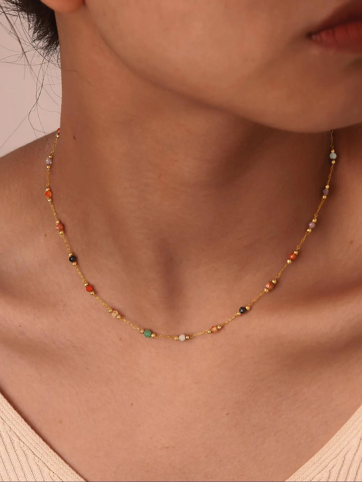 Women's Stainless Steel Non Tarnish No Tarnishing Gemstone Necklace with Colorful Natural Stone Beads, Casual Daily Wear Jewelry Gift, Random Colors and Styles