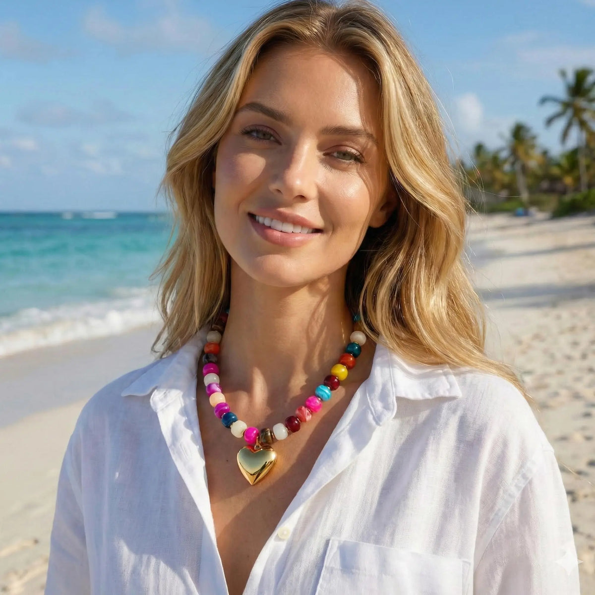 Women's Chunky Heart Choker Necklace - Colorful Resin Beaded, Gold Puffy Heart Statement, Acrylic Jewelry for Female, Accessories for Women, Colorful Sparkling Beaded Jewelry Necklaces