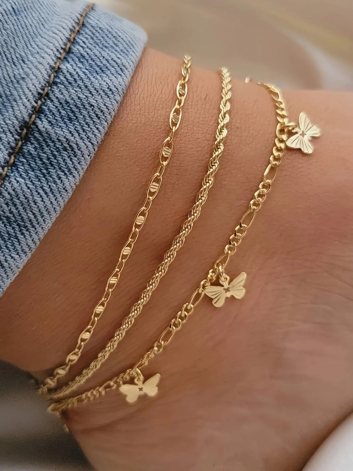 3-Piece Retro Boho Butterfly Chain Ankle Bracelet Set, Casual Copper Anklets for Summer Parties, Ideal Gift, Trendy Fashionable Accessories