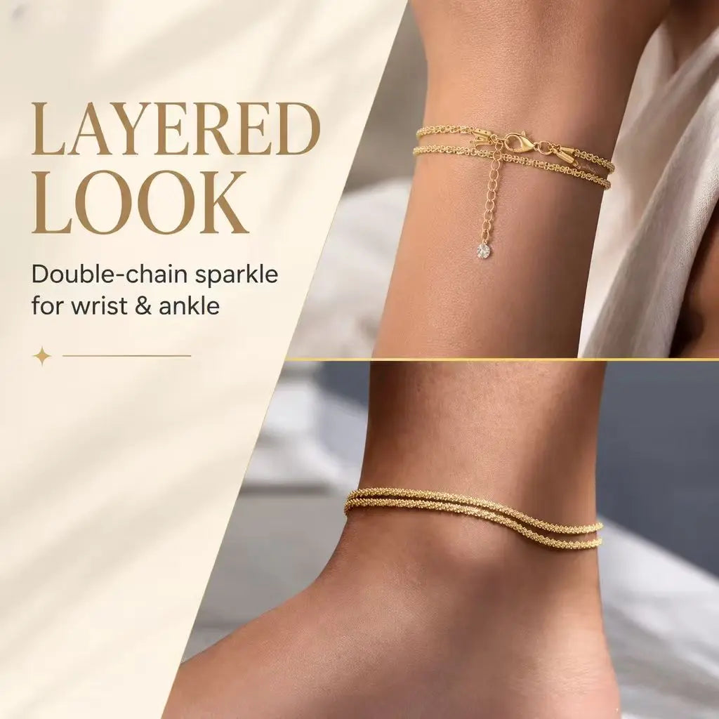 Women’s double-layer shiny gold anklet—an exquisite, waterproof, adjustable piece for simple everyday wear; a jewelry gift.