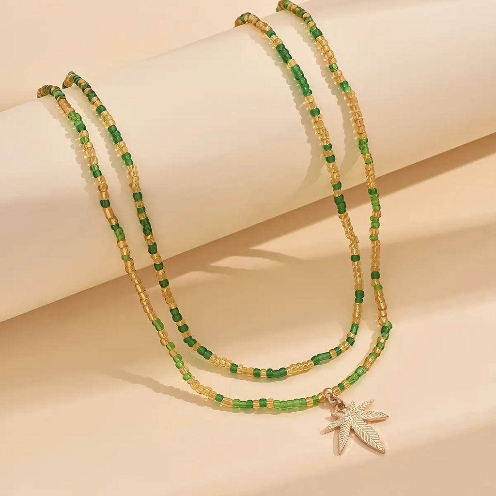 2Pcs Maple Leaf Pendant Anklet Set, Bohemian Colorful Beads Stackable Ankle Bracelet, Green Beads Multi-layer Mini Seed Beads Elastic Foot Chain Bracelet, Vacation Travel Summer Beach Foot Bracelet Jewelry