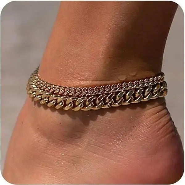 TEWIKY Women's Elegant Fashion Chic Adjustable Gold Anklet Chain - Dainty Layered Waterproof Figaro Beaded Cuban Link Trendy Jewelry Anklets for Women Summer Beach