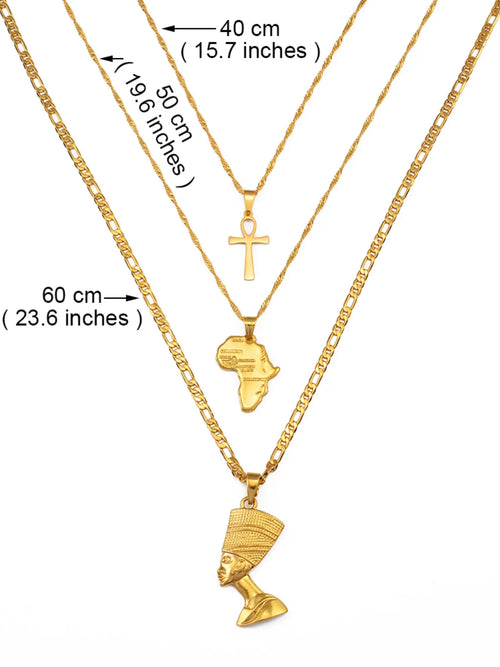 3pcs Necklaces Together Ankh Nefertiti Africa Map Pendant Gold/Silver Color Birthday Party Ethnic Jewelry Women Assorted Necklaces